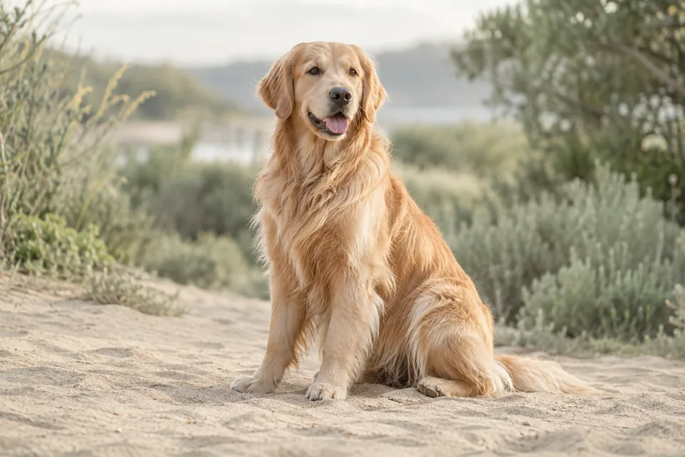 Golden Retriever görünümünü temsil eden altın renkli köpek; yapay zekâ üretimi temsili görsel
