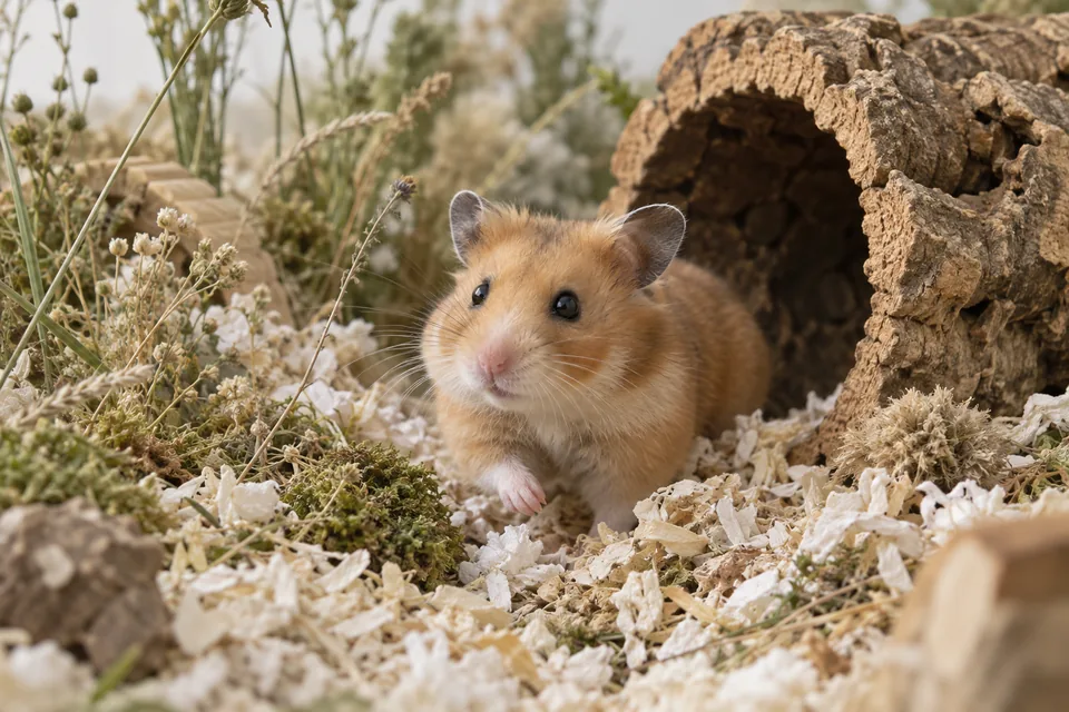 Doğal dokulu yaşam alanını keşfeden hamster; yapay zekâ üretimi temsili görsel