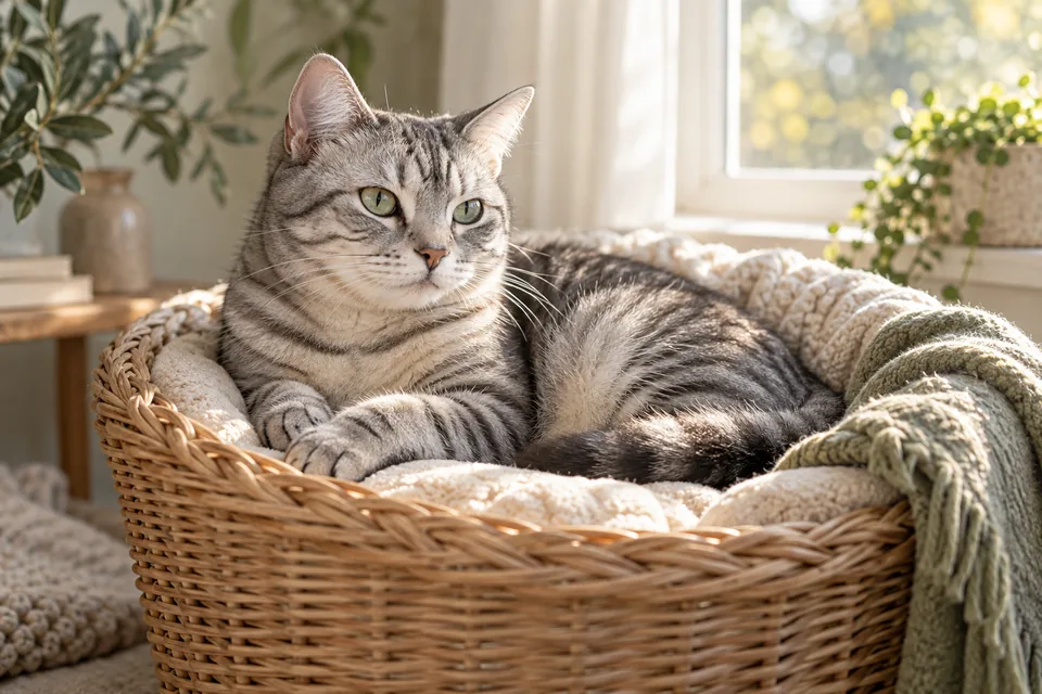 Pencere yanında dinlenen yetişkin tekir kedi; yapay zekâ üretimi temsili görsel