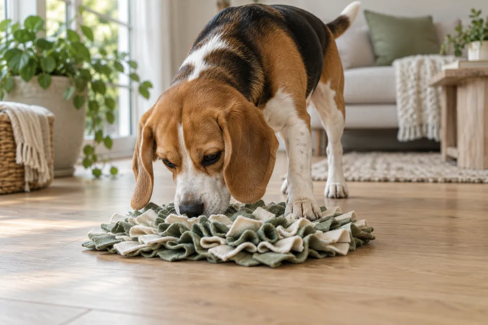 Koku oyunu için hazırlanan kumaşı araştıran köpek; yapay zekâ üretimi temsili görsel