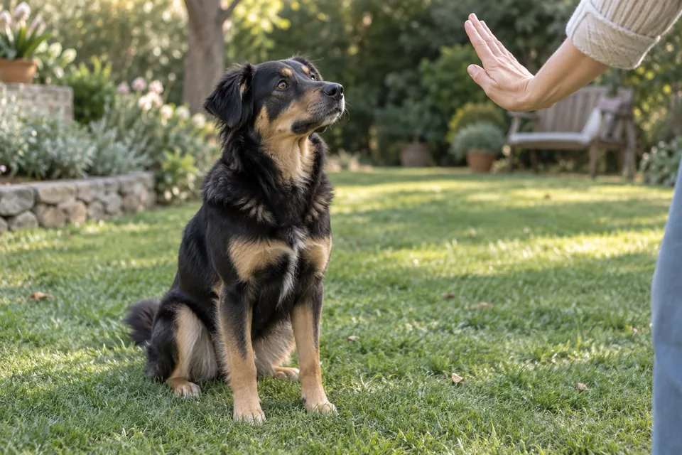 Bahçede sakin bir eğitim çalışmasına katılan köpek; yapay zekâ üretimi temsili görsel