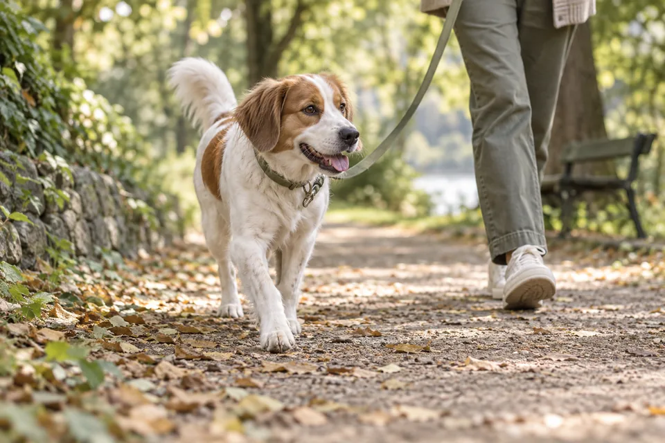 Park yolunda gevşek tasma ile yürüyen köpek; yapay zekâ üretimi temsili görsel