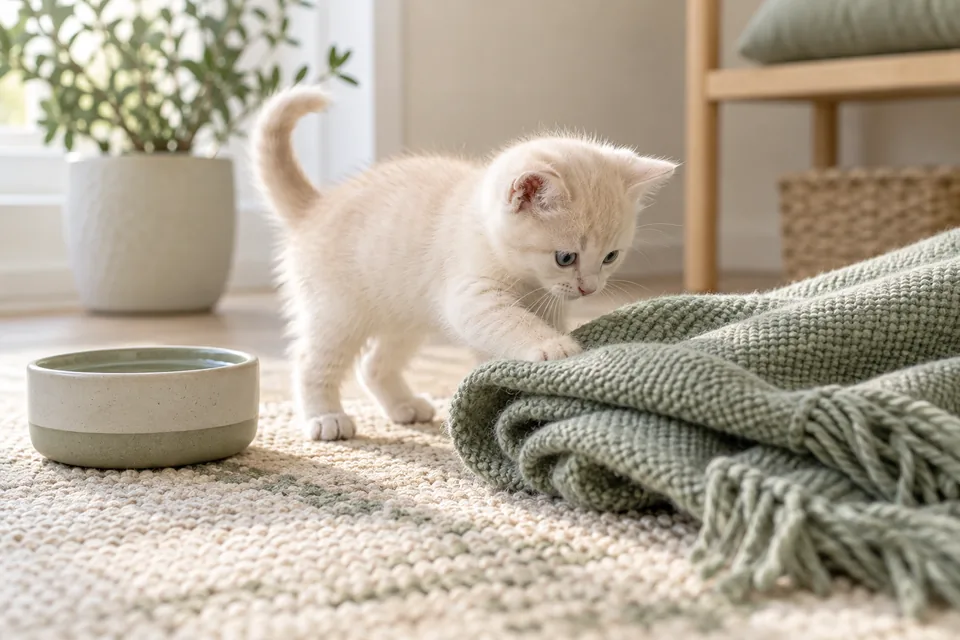 Krem renkli yavru kedi ve hazırlanmış dinlenme alanı; yapay zekâ üretimi temsili görsel